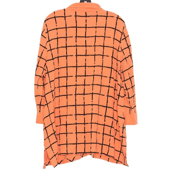 Ali Miles Tunic Top Crinkle Cottage Boho Button Up Checkered Neon Orange Large - Picture 2 of 8